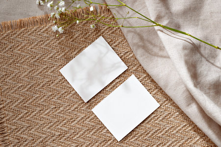 Two empty paper sheet cards and flower on a warm beige rug background, business template with mockup copy spaceの写真素材