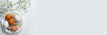 Elegant scandinavian spring web site design template or banner, copy space. Aesthetic minimalist Easter table decoration, eggs and flowers on white plate, on a light neutral background.の写真素材