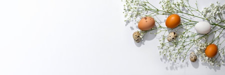 Elegant Easter web site design, banner template, natural color eggs and flowers on a neutral light background, copy spaceの写真素材
