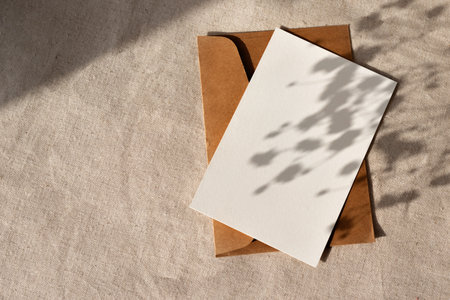 Minimalist elegant natural business brand template, blank paper card with aesthetic abstract sunlight shadows on a neutral beige background, flat lay, copy spaceの写真素材