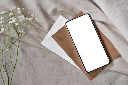 Blank screen of mobile phone, envelope and flowers on a neutral beige linen background, mock up with copy space, aesthetic business branding, social media templateの写真素材
