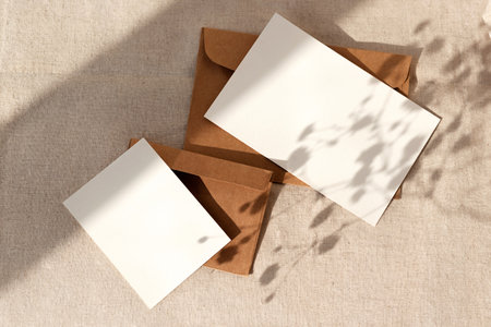 Elegant minimalist business brand template, two empty paper cards and envelopes with floral sunlight shadows on a neutral beige textile background, aesthetic mock up, flat lay with copy spaceの写真素材