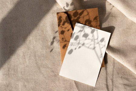 Empty paper card and crafted envelope with elegant subtle floral sunlight shadows on a neutral beige background, aesthetic brand template with copy spaceの写真素材