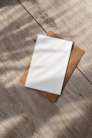 Blank paper card and envelope with mockup copy space and aesthetic sunlight floral shadows on a neutral beige wooden table, minimalist business branding, invitation, greeting card templateの写真素材