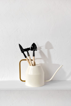 Watering can with small gardening tools for houseplants care, shovel and rake, home garden maintain concept, minimalist composition on a white background with copy spaceの写真素材