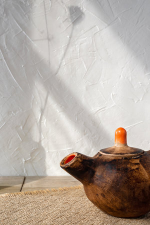 Minimalist handcraft crockery brown teapot closeup on beige wooden table, aesthetic sun light shadows on a white wall background, authentic tea ceremony concept, copy spaceの写真素材