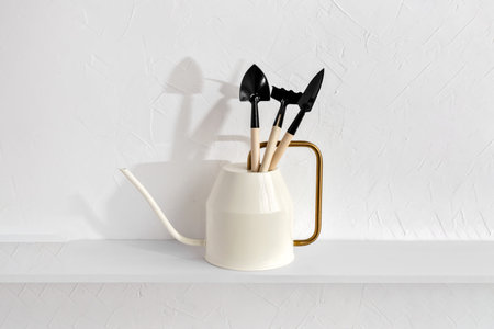Minimalist aesthetic indoor gardening tools set for home, house plants care and growing concept, watering can, spades, rake on shelf on a white background, copy spaceの写真素材