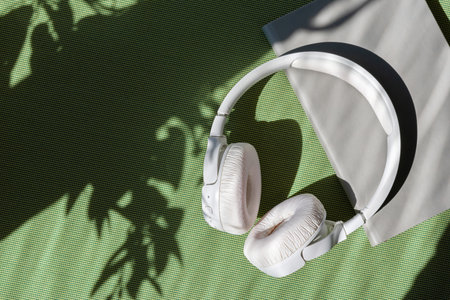 Spring summer relaxation, serenity mood, music listening concept, headphones and book on green background with aesthetic floral sun light shadow, lifestyle vacation flat layの写真素材