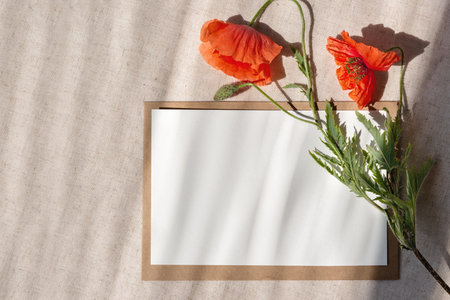 Beautiful floral greeting card, postcard template with copy space, empty paper card, envelope, red poppy flowers on a neutral beige linen background with sun light shadowsの写真素材