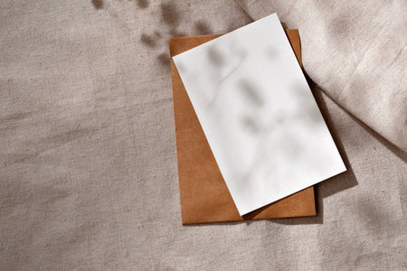 Empty paper sheet card with mock up copy space and aesthetic floral sunlight shadows on a neutral...