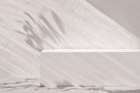 Blank neutral light beige podium stage with an aesthetic lifestyle floral sun light shadows, white textured concrete wall and shelf background, brand product showcase templateの写真素材