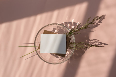 Blank paper card mock up, envelope, meadow grass, glass vase with aesthetic abstract sunlight shadow on a pastel pink background, elegant wedding invitation, greeting card, business brand templateの写真素材