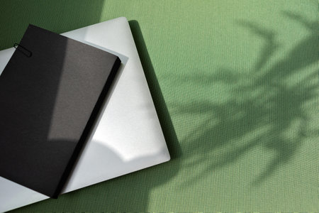 Minimalist business brand template, laptop and notebook with empty cover on a green background with...