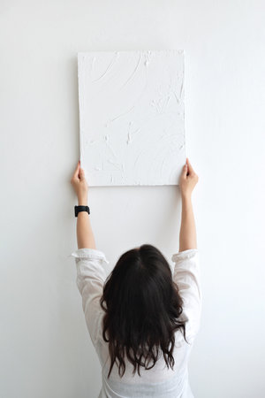 Young brunette woman holding picture canvas with abstract plaster artwork on a white wall background. Minimalist aesthetic artist work design conceptの写真素材