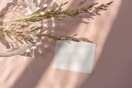 Aesthetic lifestyle feminine flatlay, blank paper card mockup, meadow glass on a pink beige background with abstract sunlight shadowsの写真素材