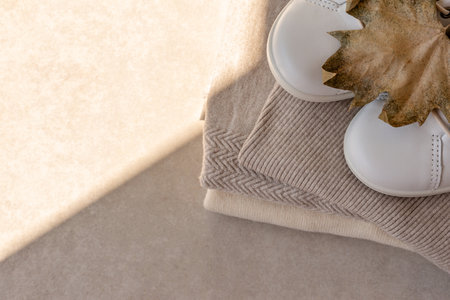 Lifestyle autumn woman fashion concept. Wool knitwear in neutral colors, white sneakers, light brown fall leaf on beige background with sunlight and shadow, flat lay, copy spaceの写真素材