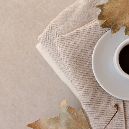 Aesthetic autumn neutral background. Coffee cup detail, soft beige knitted seaters, light brown fall leaves on a neutral beige table. Minimalist business brand, social media blog templateの写真素材
