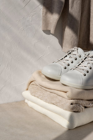 Minimalist woman fashion clothes concept. Wool knitted sweaters in neutral colors, sneakers on beige table and white empty wall background with sunlight shadows.の写真素材