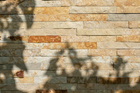 Modern beige, brown and gray stone masonry wall texture background with floral sun light shadow. Rustic architecture building facade or a fenceの写真素材