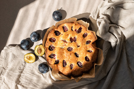 Plum torte on a neutral beige table and linen blanket with aesthetic lifestyle sunlight shadows. Traditional autumn homemade fruit pie.の写真素材