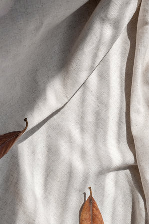 Aesthetic neutral beige crumpled linen cloth background with autumn fall leaves and natural abstract sunlight shadows.の写真素材