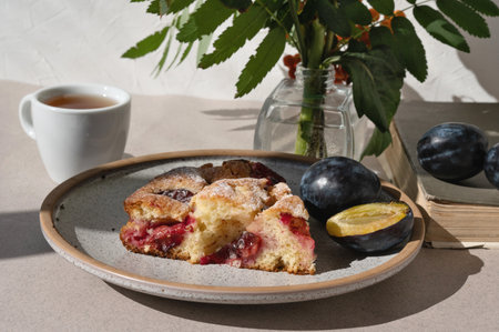 Piece of plum pie on plate with plums, cup with tea and vase with autumn flowers bouquet on table in sunlightの写真素材