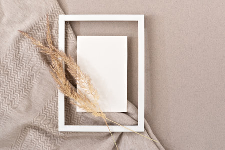 Elegant neutral beige greeting postcard or wedding invitation design template. Blank paper card mock...