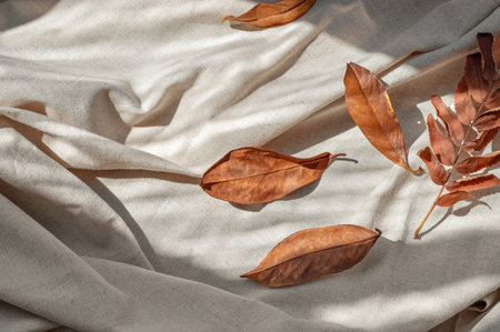 Autumn leaves fall and natural sunlight shadows on messy crumpled linen cloth background. Aesthetic autumn flat lay, business brand template.の写真素材