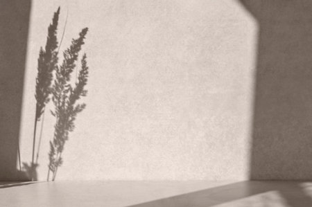 Aesthetic neutral beige empty concrete table surface and wall background with natural sun light...