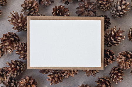 Aesthetic minimalist sustainable Christmas postcard or invitation mockup, blank paper card and envelope on brown pine cones background, flat lay, business branding template with copy space.の写真素材