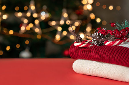 Red tabletop with empty copy space, red and white knitted sweaters, pine tree branch decoration, candy cane, blurred Christmas tree lights on background. Holiday template for shop product placement.の写真素材