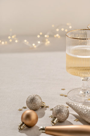 Wineglass with sparkling wine on beige table, blurred Christmas decoration ornaments on foreground, blurred garland lights on background. New Year party event concept, holiday background.の写真素材