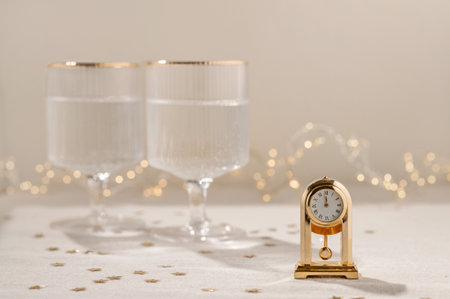 New Year's eve celebration concept, golden clock with twelve o'clock time, midnight, on beige table...