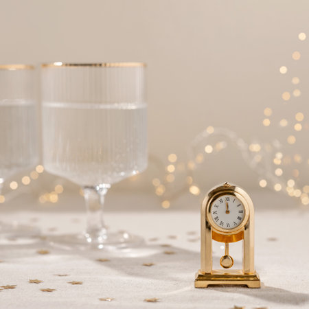 Time to New Year holiday celebration concept, gold vintage clock showing twelve o'clock, wineglasses...