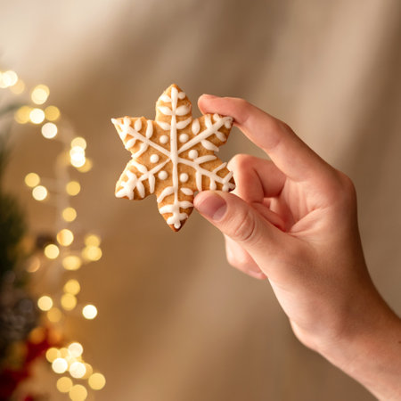 Hand holding star shape gingerbread cookie, on blurred beige background with soft garland lights. Christmas holiday home celebration, traditional bakery, lifestyle, selective focus.の写真素材