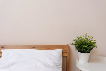 Minimalist bedroom interior design, wooden bed with white linen bedding, bedside table with green plant in pot, empty neutral peach beige wall background.の写真素材