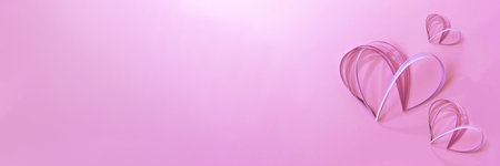 Styled paper crafted quilled hearts on bright pink background with soft light shadows, holiday festive long banner for Valentine day celebration, February 14.の写真素材