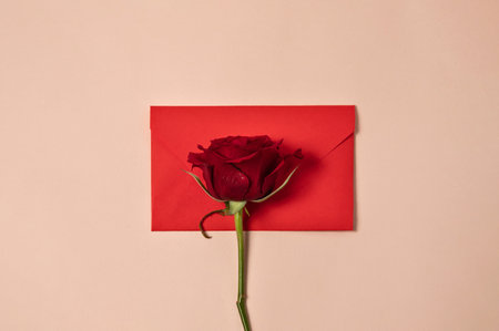 Red rose flower and red paper envelope on pastel peach beige background. Minimal greeting card, wedding, holiday event invitation, love letter concept.の写真素材