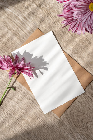 Blank paper card and crafted envelope, pink daisy flowers on neutral beige wooden table background with abstract natural sunlight shadows, aesthetic postcard, letter or wedding invitation design.の写真素材