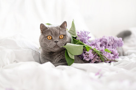 Gray British cat laying on bed with white crumpled linen blanket and lilac flowers, soft airy natural sunlight.の写真素材