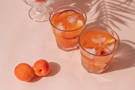 Healthy summer iced fruit drinks, apricots and peaches, iced fruit peach cocktails on pastel pink background with bright sunlight and floral shadows.の写真素材