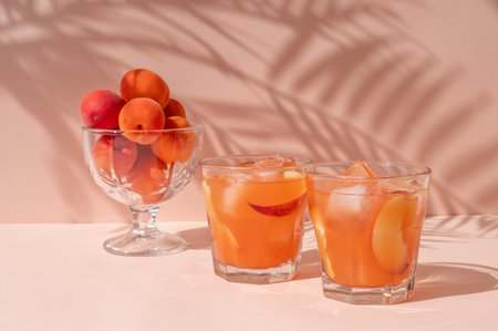 Healthy summer fruit nutrition, apricots and peaches in vase and glasses with fresh peach fruit juice with ice on bright peachy pink background with sunlight floral shadows.の写真素材