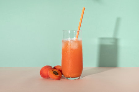 Fresh apricot juice with ice, refreshing summer cocktail drink on peachy pink and turquoise background with sunlight shadows, retro old fashioned style.の写真素材