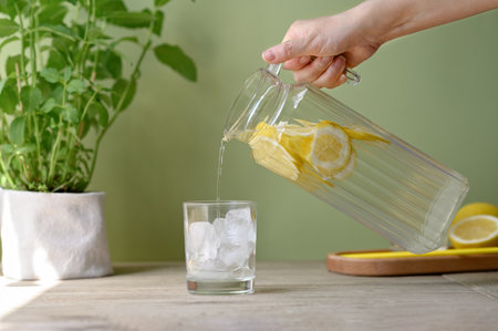 Hand holding jug with lemonade drink pouring beverage in glass with ice, soft green background,...