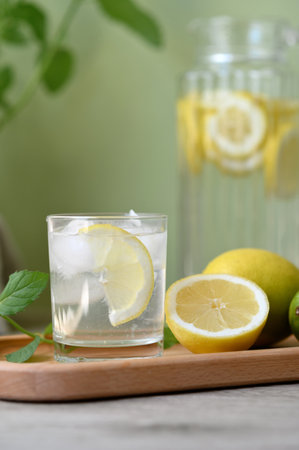 Lemonade drink glass and jug, homemade summer refreshing beverage, fresh green background, soft natural sunlight.の写真素材