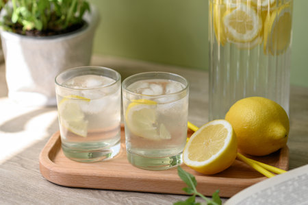 Fresh summer lemonade beverage in glasses and jug, lemons on wooden tray, lifestyle food still life with natural sunlight.の写真素材
