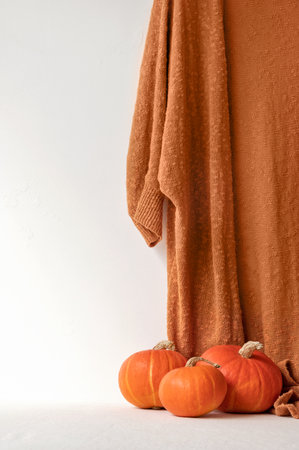 Cotton knitted terracotta color cardigan sweater hanging on white wall background, orange pumpkins, seasonal fashion cozy autumn apparel concept.の写真素材