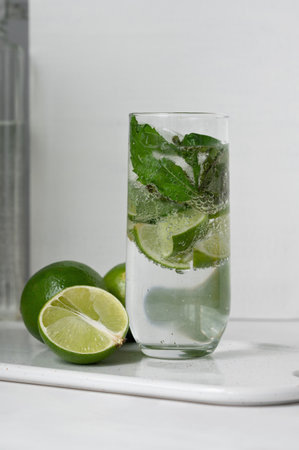 Mojito summer drink in glass, refreshing beverage with lime and mint.の写真素材