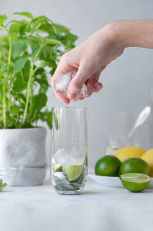Fresh summer mojito cocktail drink making process, placing ice in glass with mint, lime and sugar, home kitchen interior, lifestyle.の写真素材
