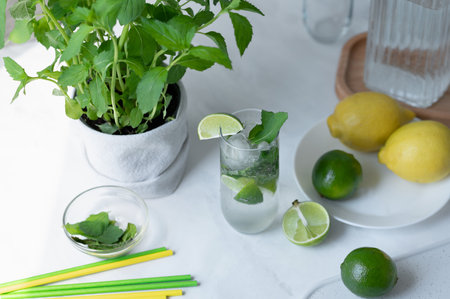 Mojito cocktail drink on table, lime, lemons, drinking straws and mint in pot, top view, authentic lifestyle still life.の写真素材